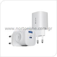 Travel Fast Charger Watch Wireless 2in1 Devia RCE-2301ACL with Dual Output USB A & USB C PD + QC 22W GaN Ultra1 White