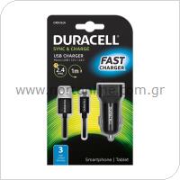 Car Charger Duracell with Single USB 2.4A & Micro USB Cable 1m Black