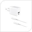 Travel Fast Charger inos with Dual Output USB A & USB C PD 3.0 45W & USB C Cable 1m White