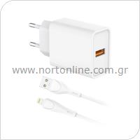 Φορτιστής Ταξιδίου inos με Έξοδο USB A 18W & Lightning Καλώδιο 1m Λευκό