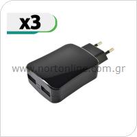 Travel Charger inos with Dual USB A 17W (1x12W & 1X5W) Black (3 pcs)