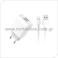 Travel Charger XO L57 with Dual Output USB A & USB C Cable White