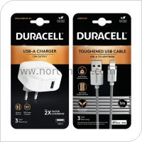 Φορτιστής Ταξιδίου Duracell 12W USB 2.4A + Καλώδιο Kevlar MFI Lightning 1m Λευκό