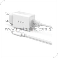 Travel Charger Devia M4-05200A1-VDE with Single USB 2A & USB C Cable EC082 1m Smart White