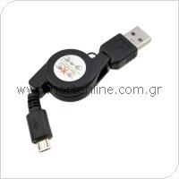 USB 2.0 Retractable Cable USB A to Micro USB Black (Bulk)