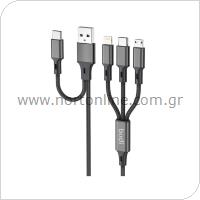 USB Charging Cable Budi 6in1 203T5 USB A & USB C to Micro USB & USB C & Lightning Braided 1.2m Black