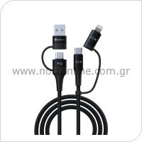 USB 2.0 Cable 4in1 Braided Devia EC504 USB C to USB A & USB C & Lightning PD 60W 1.5m Extreme Black