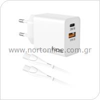 Travel Fast Charger inos with Dual Output USB A & USB C PD QC 3.0 20W White & USB C Cable 1m White