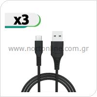 Καλώδιο Σύνδεσης USB 2.0 inos USB A σε USB C 2m Μαύρο (3 τεμ.)