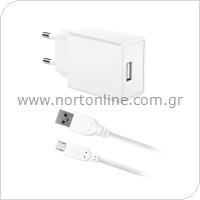 Φορτιστής Ταξιδίου inos με Έξοδο USB A 12W & Micro USB Καλώδιο 1m Λευκό