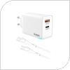 Travel Fast Charger inos with Dual Output USB A & USB C GaN PD QC 3.0 45W & USB C Cable 1m White