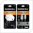 Φορτιστής Ταξιδίου Duracell 12W USB 2.4A + Καλώδιο Kevlar MFI Lightning 2m Λευκό