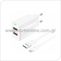 Travel Fast Charger Foneng EU63 with Dual Output 2xUSB A 12W 2.4A & USB A to Lightning Cable 1m White