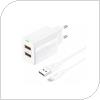 Travel Fast Charger Foneng EU63 with Dual Output 2xUSB A 12W 2.4A & USB A to Lightning Cable 1m White