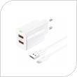 Travel Fast Charger Foneng EU63 with Dual Output 2xUSB A 12W 2.4A & USB A to Lightning Cable 1m White
