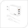 Travel Fast Charger inos with Triple Output USB A & 2xUSB C GaN PD QC 3.0 65W & USB C Cable 1m White