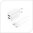 Travel Fast Charger Foneng EU63 with Dual Output 2xUSB A 12W 2.4A & USB A to USB C Cable 1m White