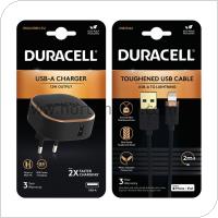 Φορτιστής Ταξιδίου Duracell 12W USB 2.4A + Καλώδιο Kevlar MFI Lightning 2m Μαύρο