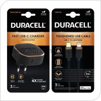 Φορτιστής Ταξιδίου Duracell PD 20W USB C + Καλώδιο Kevlar MFI Lightning 1m Μαύρο
