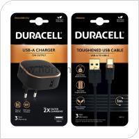 Φορτιστής Ταξιδίου Duracell 12W USB 2.4A + Καλώδιο Kevlar USB C 1m Μαύρο