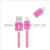 Καλώδιο Σύνδεσης USB 2.0 Braided inos USB A σε Micro USB & Lightning 2in1 1m Φούξια