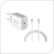 Travel Fast Charger Devia RCE-3005CL 30W with Output USB C GaN PD & USB C to USB C Cable Smart 1m White