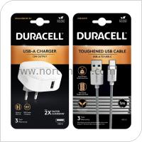 Travel Charger Duracell 12W USB 2.4A + Cable Kevlar USB C 1m White