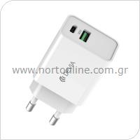 Travel Fast Charger Devia BP-PD301U1C with Dual Output USB A & USB C PD + QC 30W Smart White