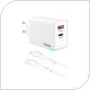 Travel Fast Charger inos with Dual Output USB A & USB C GaN PD QC 3.0 45W & Lightning Cable 1m White