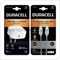 Travel Charger Duracell PD 20W USB C + Cable Kevlar MFI Lightning 1m White
