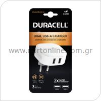 Φορτιστής Ταξιδίου Duracell 24W με Διπλή Έξοδο USB A 4.8A Λευκό