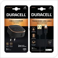Travel Charger Duracell 12W USB 2.4A + Cable Kevlar MFI Lightning 1m Black