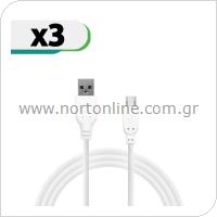 Καλώδιο Σύνδεσης USB 2.0 inos USB A σε Micro USB 2m Λευκό (3 τεμ.)