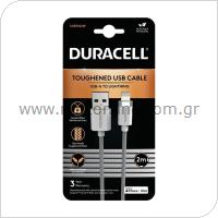 Καλώδιο Σύνδεσης USB 2.0 Duracell Braided Kevlar USB A to MFI Lightning 2m Λευκό