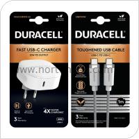 Φορτιστής Ταξιδίου Duracell PD 20W USB C + Καλώδιο Kevlar USB C 1m Λευκό